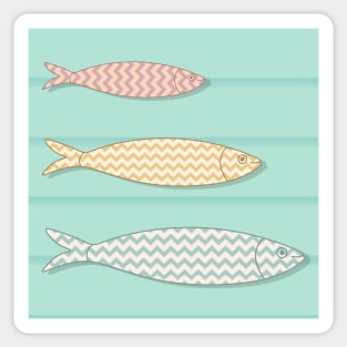 Traditional Portuguese icon. Colored sardines with geometric chevron patterns on wooden background. Sticker